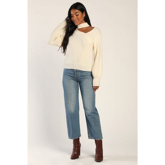 Lulus Trendy Forecast Ivory Pointelle Knit Mock Neck Cutout Sweater XL NWT - Picture 2 of 7